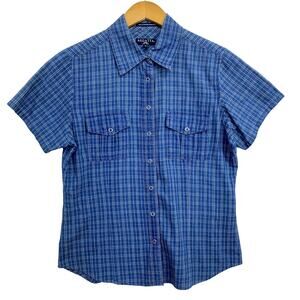 Regatta Blouse Womens Size Medium Blue Plaid Print Short Sleeve Button Up Casual